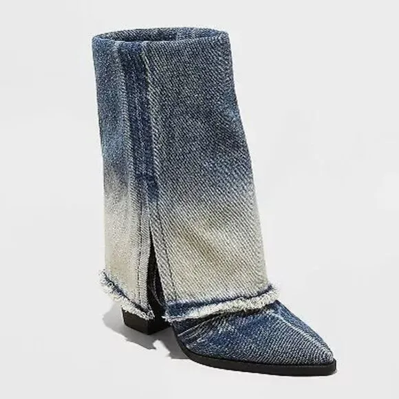 Wild Fable Women's Denim Jeans High Heel Boots Mid-Calf Pointy Toe Memory Foam