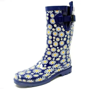 Women 11&quot; Mid-Calf Rubber Rain Boots, Daisies Flower Print Water Boots Wellies