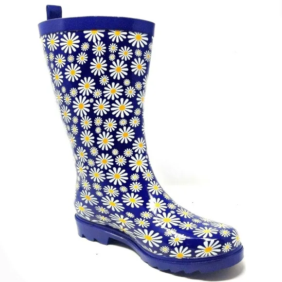 Women 11&quot; Mid-Calf Rubber Rain Boots, Daisies Flower Print Water Boots Wellies