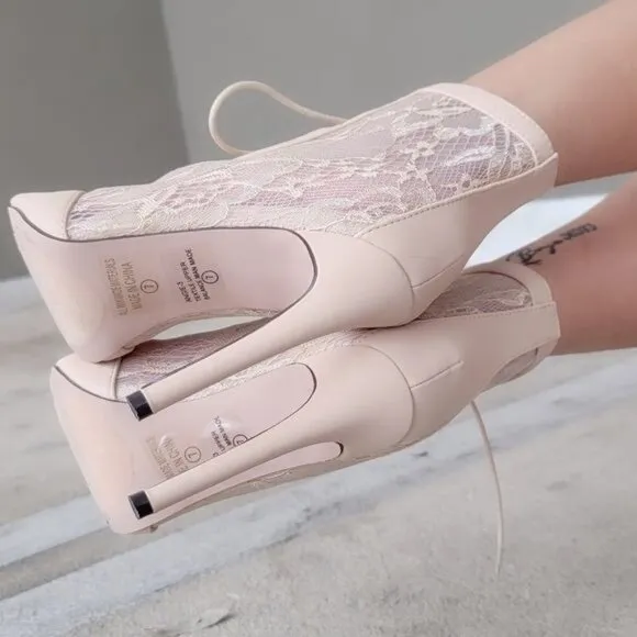 Women Ankle Open Toe High Heel Booties Lace Up Nude Color