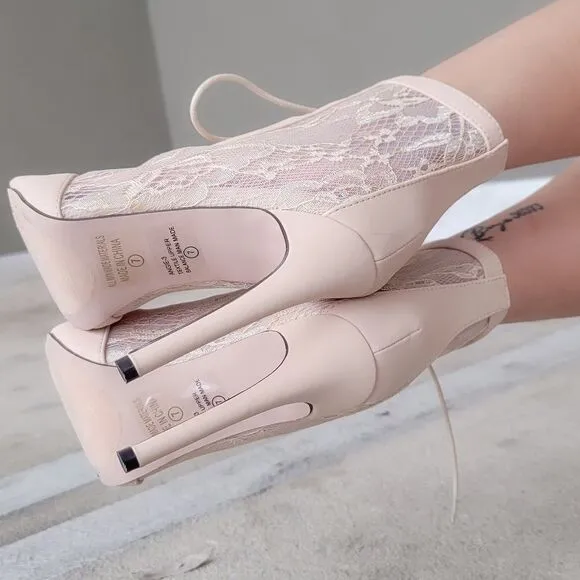 Women Ankle Open Toe High Heel Booties Lace Up Nude Color
