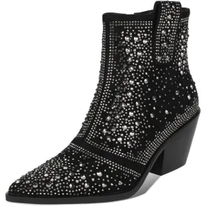 Women Black Faux Suede Leather Ankle Boot with Pointed Toe Chunky Heel Design