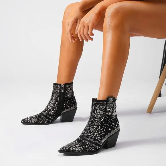 Women Black Faux Suede Leather Ankle Boot with Pointed Toe Chunky Heel Design