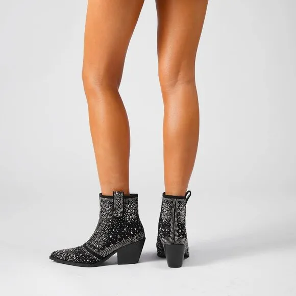 Women Black Faux Suede Leather Ankle Boot with Pointed Toe Chunky Heel Design