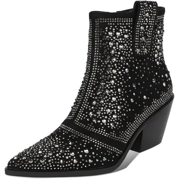 Women Black Faux Suede Leather Ankle Boot with Pointed Toe Chunky Heel Design