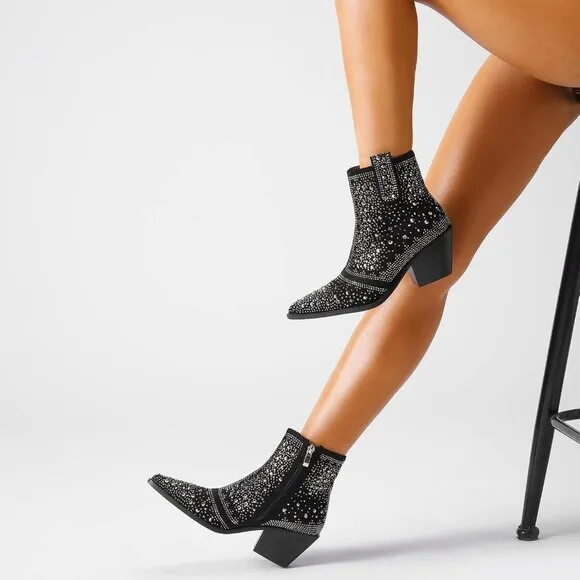 Women Black Faux Suede Leather Ankle Boot with Pointed Toe Chunky Heel Design