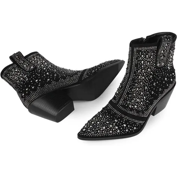Women Black Faux Suede Leather Ankle Boot with Pointed Toe Chunky Heel Design