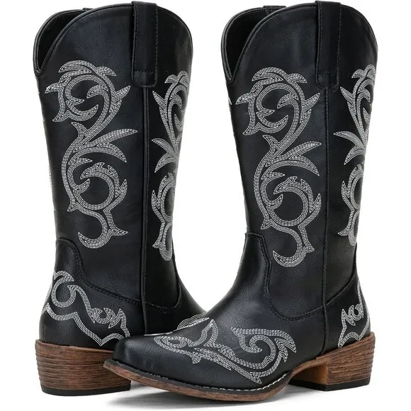 Women Black Synthetic Leather Wide Calf Mid Calf Cowgirl Boots with Low Heel