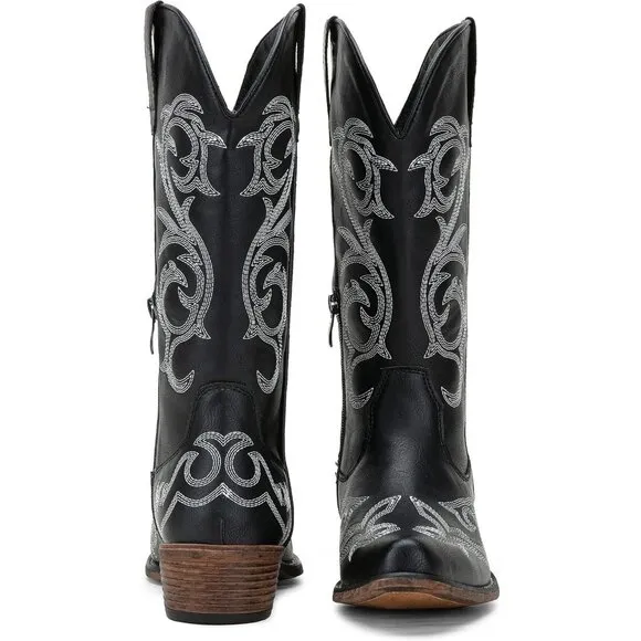 Women Black Synthetic Leather Wide Calf Mid Calf Cowgirl Boots with Low Heel