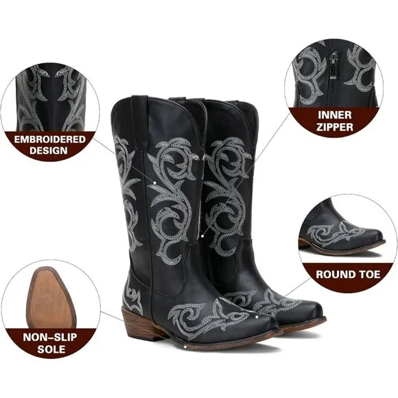 Women Black Synthetic Leather Wide Calf Mid Calf Cowgirl Boots with Low Heel
