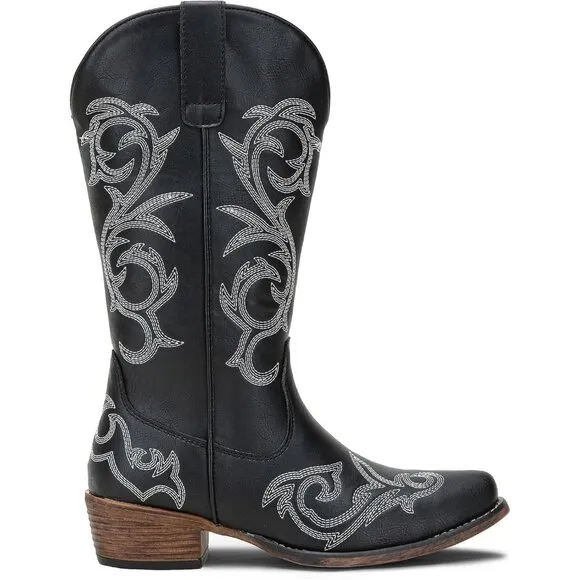 Women Black Synthetic Leather Wide Calf Mid Calf Cowgirl Boots with Low Heel