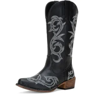 Women Black Synthetic Leather Wide Calf Mid Calf Cowgirl Boots with Low Heel
