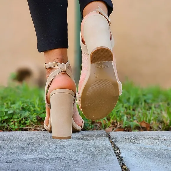 Women Braided Ankle Strap High Chunky Heel Sandals Nude Color