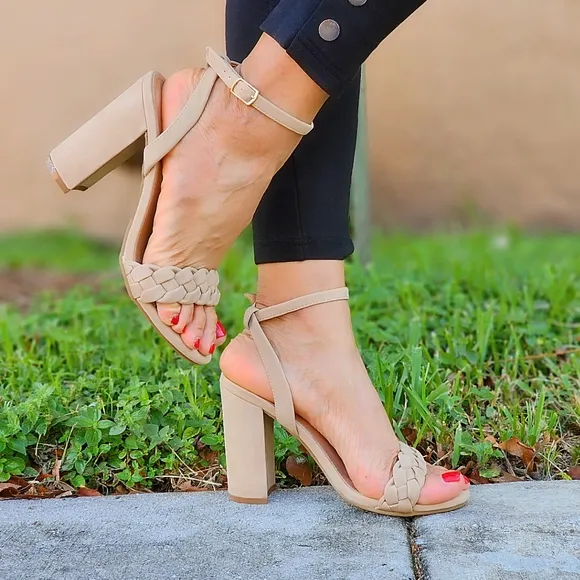 Women Braided Ankle Strap High Chunky Heel Sandals Nude Color