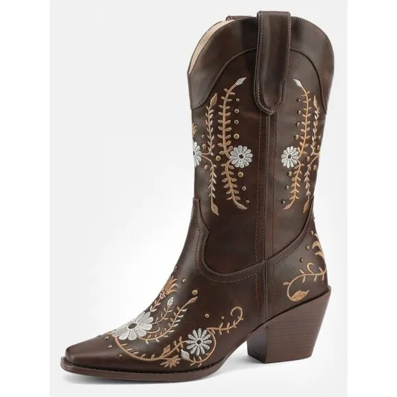 Women Brown Polyurethane Cowgirl Boots Mid Calf Western Country Pointed Toe