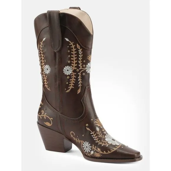 Women Brown Polyurethane Cowgirl Boots Mid Calf Western Country Pointed Toe