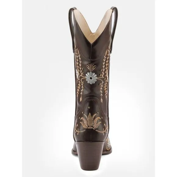 Women Brown Polyurethane Cowgirl Boots Mid Calf Western Country Pointed Toe