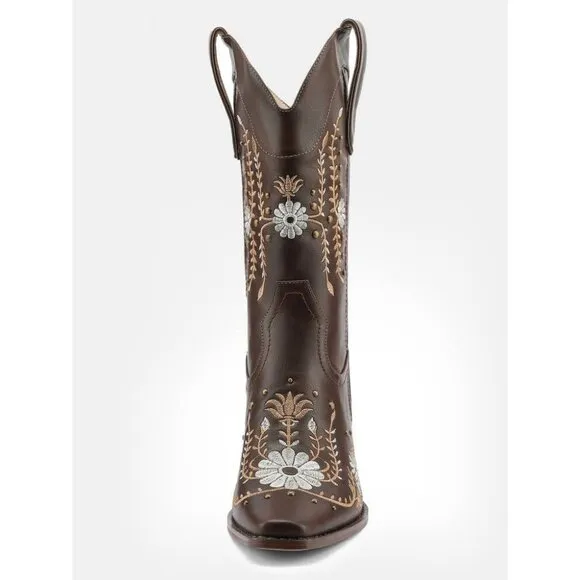 Women Brown Polyurethane Cowgirl Boots Mid Calf Western Country Pointed Toe