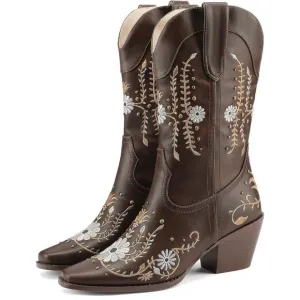 Women Brown Polyurethane Cowgirl Boots Mid Calf Western Country Pointed Toe
