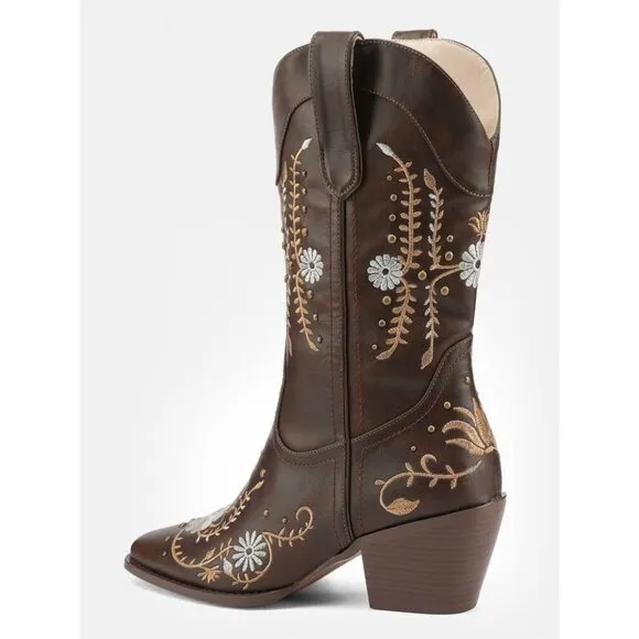 Women Brown Polyurethane Cowgirl Boots Mid Calf Western Country Pointed Toe