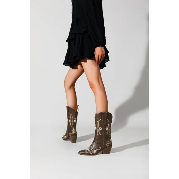 Women Brown Polyurethane Cowgirl Boots Mid Calf Western Country Pointed Toe