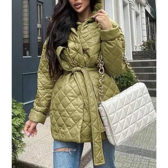 Women Button Down Quilted Jacket Coat Fall Winter Fashion W/ Belt SMALL BTFBM