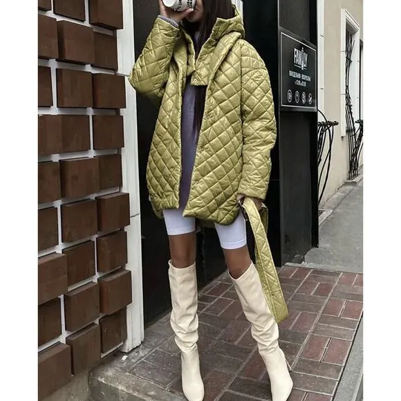 Women Button Down Quilted Jacket Coat Fall Winter Fashion W/ Belt SMALL BTFBM