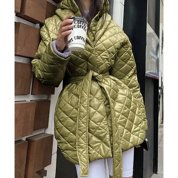 Women Button Down Quilted Jacket Coat Fall Winter Fashion W/ Belt SMALL BTFBM