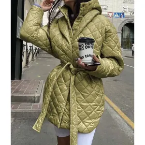 Women Button Down Quilted Jacket Coat Fall Winter Fashion W/ Belt SMALL BTFBM