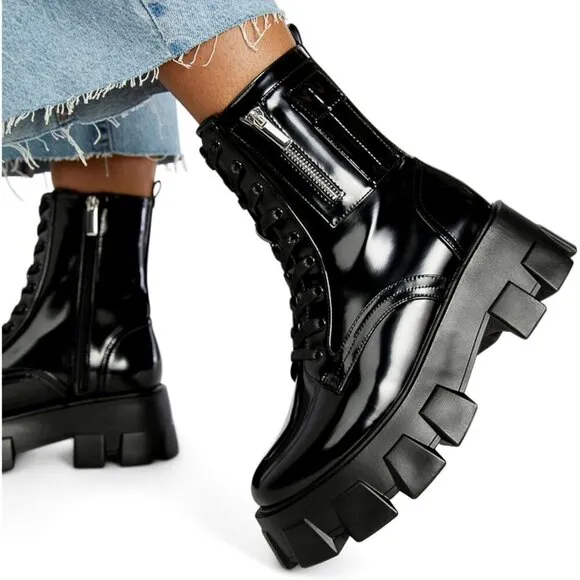 ⭐Women Combat Boots Fall Boots Lace-up Combat Boots Ankle Booties Platform Shoes