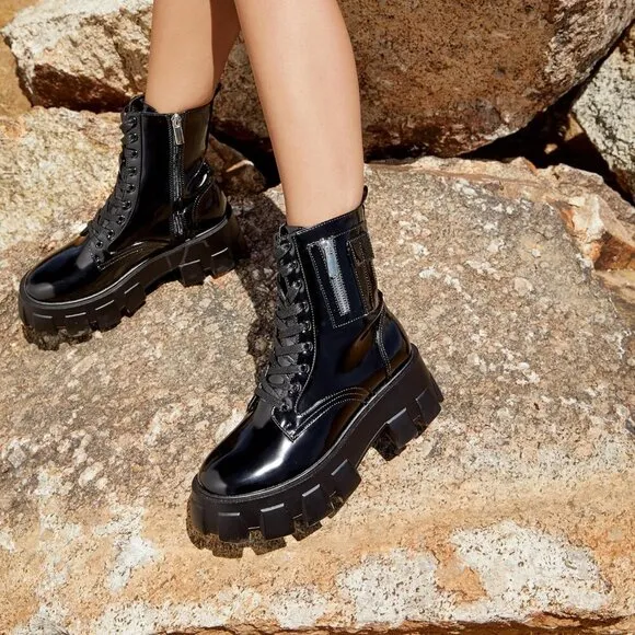 ⭐Women Combat Boots Fall Boots Lace-up Combat Boots Ankle Booties Platform Shoes