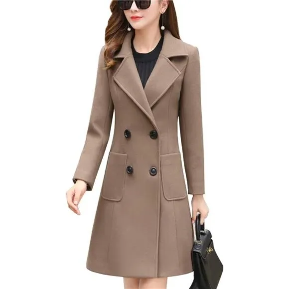 Women Elegant Double Breasted OverCoat Brown