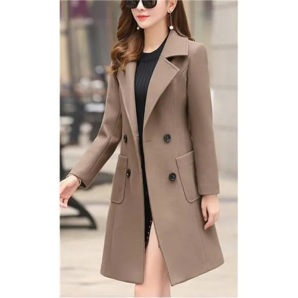 Women Elegant Double Breasted OverCoat Brown