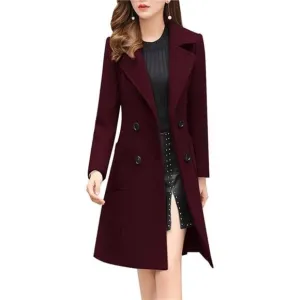 Women Elegant Double Breasted OverCoat Burgundy