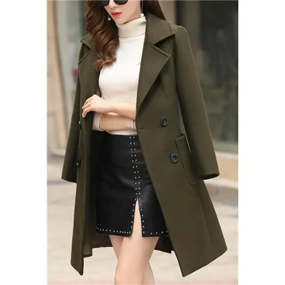 Women Elegant Double Breasted OverCoat Green