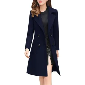 Women Elegant Double Breasted OverCoat Navy Blue