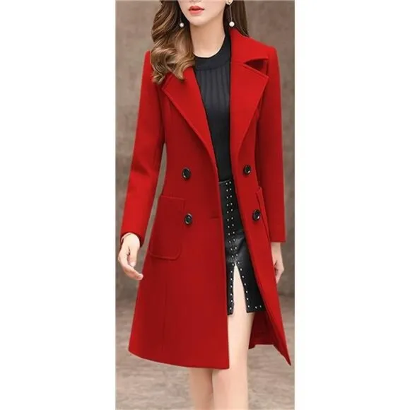 Women Elegant Double Breasted OverCoat Red