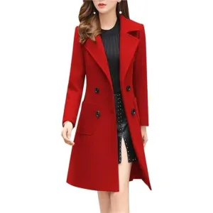 Women Elegant Double Breasted OverCoat Red