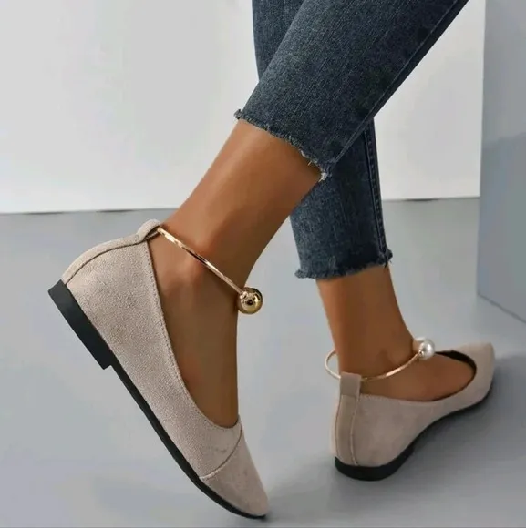 Women Faux Pearl Decor Point Toe Ankle Strap Flats, Elegant Faux Suede Pumps