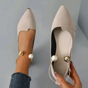 Women Faux Pearl Decor Point Toe Ankle Strap Flats, Elegant Faux Suede Pumps