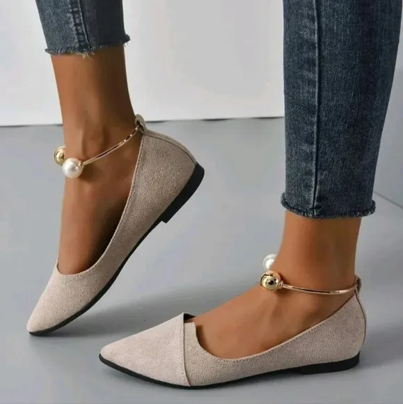 Women Faux Pearl Decor Point Toe Ankle Strap Flats, Elegant Faux Suede Pumps
