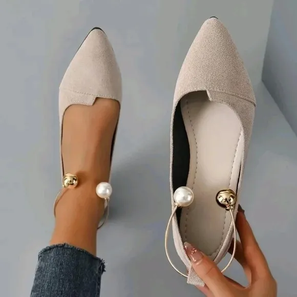 Women Faux Pearl Decor Point Toe Ankle Strap Flats, Elegant Faux Suede Pumps