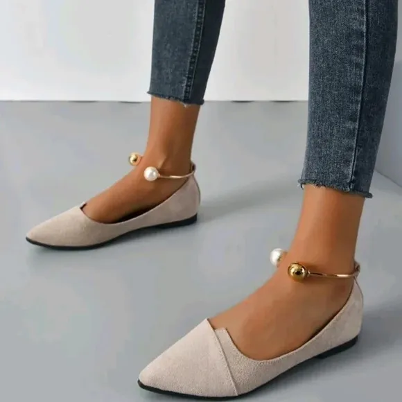 Women Faux Pearl Decor Point Toe Ankle Strap Flats, Elegant Faux Suede Pumps