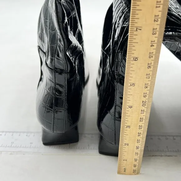 Women Knee High Boots Chunky Low Heel Tall Boots Faux Leather Boots Black