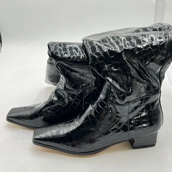 Women Knee High Boots Chunky Low Heel Tall Boots Faux Leather Boots Black