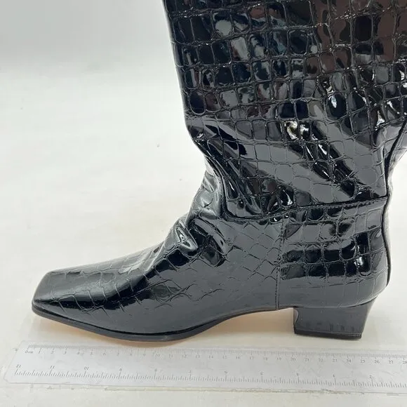 Women Knee High Boots Chunky Low Heel Tall Boots Faux Leather Boots Black