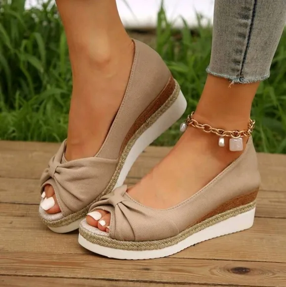 Women Knot Decor Peep Toe Wedge Court Shoes, Vacation Outdoor Canvas Shoes