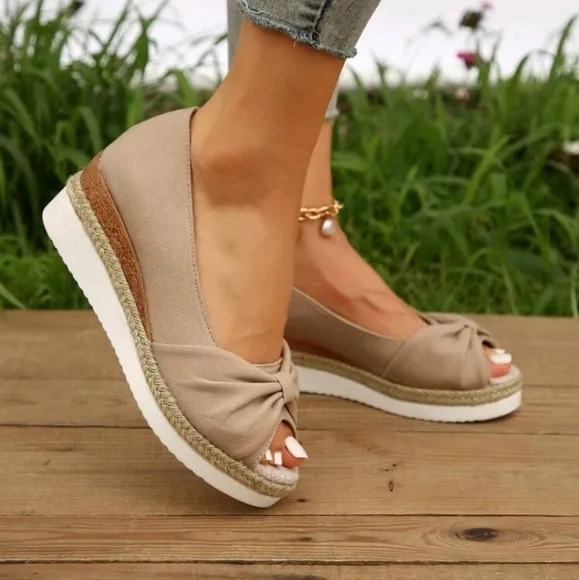 Women Knot Decor Peep Toe Wedge Court Shoes, Vacation Outdoor Canvas Shoes