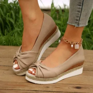 Women Knot Decor Peep Toe Wedge Court Shoes, Vacation Outdoor Canvas Shoes