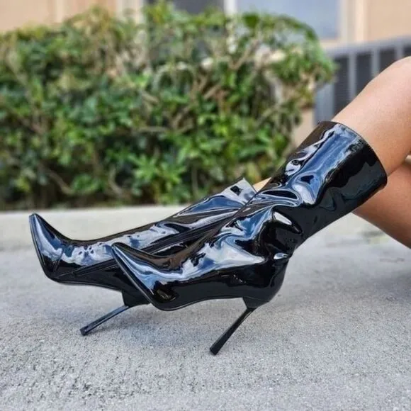 Women Mid Calf Square Toe Heel Boot Black Color‎